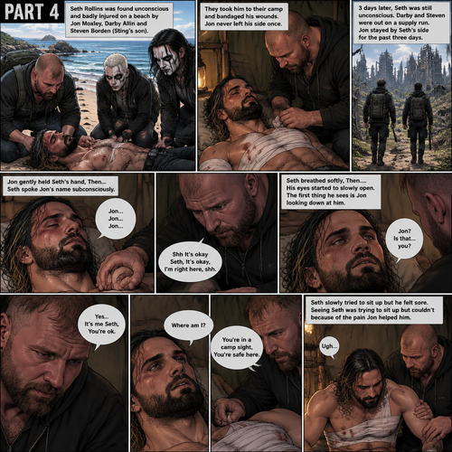 Part 4 of the apocalypse story.Seth Rollins was found unconscious and badly injured on a beach by Jon Moxley,Darby Allin and Steven Borden (Sting’s son).They took him to their camp and bandaged his wounds.Jon never left his side once.3 days later,Seth was still unconscious,Darby and Steven were out on a supply run,Jon stayed by Seth’s side for the past three days.Jon gently held Seth’s hand,Then…Seth Spoke Jon’s name subconsciously “Jon…Jon…Jon”.Jon gently stroked Seth’s head. “Shh It’s okay Seth,It’s okay,I’m right here,shh” Jon whispered.Seth breathed softly,Then….His eyes started to slowly open,The first thing he sees is Jon looking down at him. Seth spoke weakly “Jon?,Is that…you?”. “Yes..It’s me Seth,You’re ok” Jon said softly. “Where am I?” Seth Asked in a weak voice. “You’re in a camp sight,You’re safe here” Jon said Softly.Seth slowly tried to sit up but he felt sore.Seeing Seth was trying to sit up but couldn’t because of the pain Jon helped him