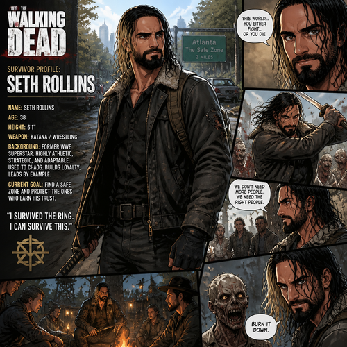 WWE superstar Seth Rollins as a survivor in the walking dead