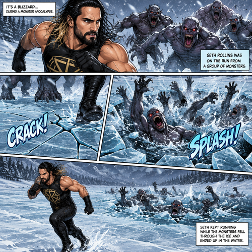 It’s a blizzard…During a monster apocalypse. Seth Rollins was on the run from a group of monsters. He ended up on ice over a frozen lake. The ice began to crack under the group of monsters combined weight. Seth kept running while the monsters fell through the ice and ended up in the water
