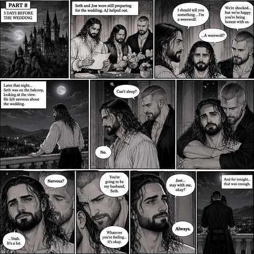 (Recap) Seth Rollins (The vampire hunter turned Bride of the Vampire king) was almost kidnapped by A mysterious figure (AJ Styles),Jon Moxley (Vampire King) Saved Seth,The man took off the hood and revealed he’s Seth’s brother,Seth was stunned. “What?” Seth asked,”I’m your brother” said Aj,Seth shook his head a little,”I don’t believe you” Said Seth,”I know this is a lot to process,but it’s true” said Aj,Jon gently pulled Seth to his side,”How do we know you’re telling the truth?” Jon asked cautiously,Aj shows his birthmark,It’s the shape of a crescent moon…just like Seth’s. Seth was stunned,All this time he thought he was the only one with that birthmark’”A-Are you really my brother?” Seth asked,”Yes Seth…I am” said Aj,”I have been searching for you…all these years” Aj paused,Tears welling up in his eyes,”And I finally found you” Aj continued,Seth didn’t know what to say,Neither did Jon,”I’ve never forgotten about you,little brother” Said Aj,Something flashed in Seth’s mind,it was a memory of himself and Aj when they were little,Aj (as a kid) had promised Seth he would never forget him,The flashback ends,Tears welled up in Seth’s eyes,Seth and Aj hugged each other,Jon just watched. (And now part 8). 3 days before the wedding,Seth and Jon were still preparing. Aj helped out. The night before Aj had told Jon and Seth that he’s a werewolf. Seth and Jon were shocked but were happy that Aj was being honest with them. Seth was on the balcony Looking at the view and Looking nervous about the wedding. Jon appeared behind him checking in on him. “Can’t sleep?” Jon asked. “No” Said Seth. Jon wrapped his arms around him