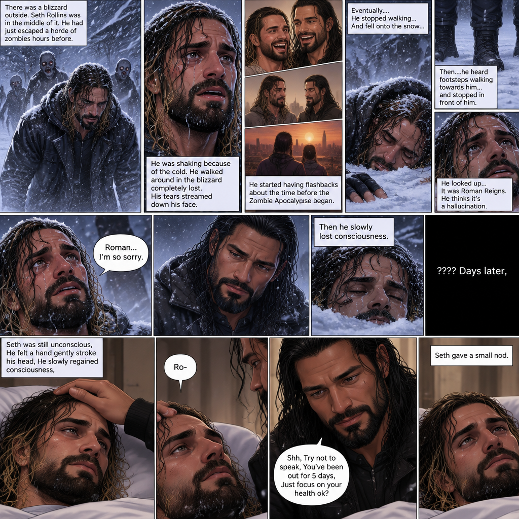 There was a blizzard outside,Seth Rollins was in the middle of it,He had just escaped a horde of zombies hours before.He was shaking because of the cold.He walked around in the blizzard completely lost.His tears streamed down his face.He started having flashbacks about the time before the Zombie Apocalypse began.Eventually….He stopped walking…And fell onto the snow,Then….he heard footsteps walking towards him…and stopped in front of him.He looked up…It was Roman Reigns.He thinks it’s a hallucination. “Roman…I’m so sorry” Seth said to the “Hallucination”,Then he slowly lost consciousness. ???? Days later,Seth was still unconscious,He felt a hand gently stroke his head,He slowly regained consciousness,The first thing he saw when he woke up…was Roman looking at him and Gently stroking his head.He tried to speak “Ro-“. “Shh,Try not to speak,You’ve been out for 5 days,Just focus on your health ok?” Roman said Softly.Seth gave a small nod