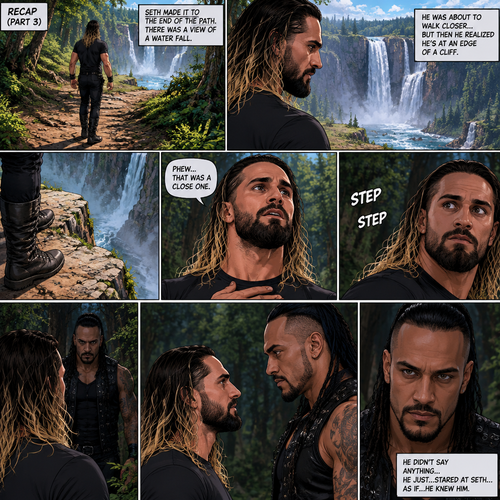 (Recap). Seth Rollins was walking down the path after he woke up In the forest clearing having no idea how he got there. The mysterious man (Damien Priest) who put him there was watching and following him in the trees. (And now part 3). Seth made it to the end of the path,there was a view of the a water fall. He was about to walk closer…but then he realized he’s at an edge of a cliff. “Phew…that was a close one” Seth said to himself,Then….he heard footsteps behind him. The mysterious man was right behind him. Seth tuned around. The mysterious man didn’t say anything…he just…stared at Seth…as if…he knew him