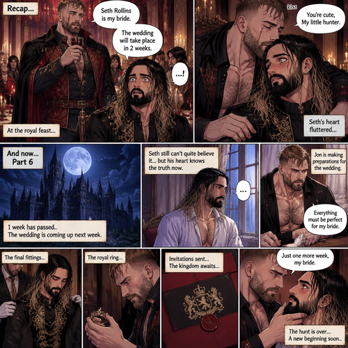 (Recap)Jon Moxley (The vampire king) and Seth Rollins (The vampire hunter…well now The bride Of Jon Moxley) were at the royal feast,Seth was stunned because Jon announced that Seth was his bride,Jon also said that the wedding would take place in 2 weeks,Seth just sat there stunned,Jon sat down and wrapped his arm around Seth and pulled him close,He gently kissed Seth’s forehead,Seth’s heart fluttered,Jon heard it and said “you’re cute,My little hunter”. (And now part 6). 1 week had passed,the wedding was coming up next week. 