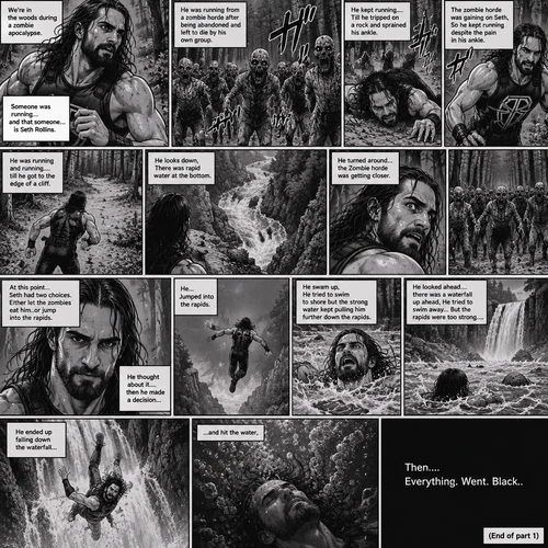 We’re in the woods during a zombie apocalypse,Someone was running…and that someone…is Seth Rollins. He was running from a zombie horde after being abandoned and left to die by his own group. He kept running….Till he tripped on a rock and sprained his ankle. The zombie horde was gaining on Seth,So he kept running despite the pain in his ankle. He was running and running….till he got to the edge of a cliff. He looks down,There was rapid water at the bottom. He turned around…the Zombie horde was getting closer. At this point…Seth had two choices,Either let the zombies eat him..or jump into the rapids. He thought about it….then he made a decision…he…Jumped into the rapids. He swam up,He tried to swim to shore but the strong water kept pulling him further down the rapids. He looked ahead….there was a waterfall up ahead,He tried to swim away…But the rapids were too strong….he ended up falling down the waterfall…and hit the water,Then….Everything. Went. Black. (End of part 1)