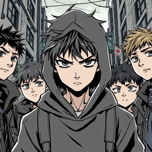 A teenage boy dressed in a black hoodie frowning surrounded by boys in black hoodies also frowning 