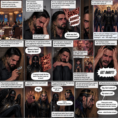 There’s a fancy restaurant,someone was crying in the men’s bathroom,That someone…was Seth Rollins. He just found out that his girlfriend of 5 years was cheating on him with a guy from her work. He’s Lost in thought about what to do. He was snapped out of his thoughts…when…he heard a loud bang followed by screams of terror outside the bathroom. “What was that?” Seth asked himself. He cracked the door open a bit to see what’s going on. There’s men in some sort of black royal guard uniform and dark angel wings bursting in…wait…Dark angel wings?!. A man in a black royal outfit with a crown on his head and dark angel wings (Jeff Hardy) was leading them,He looks like he’s…looking for someone. Seth quietly closed the bathroom door and locked it,his heart was pounding. Then…One of the men in royal guard uniform tried jiggling the bathroom door handle. Seth slowly and quietly backed away from the door. The man in the royal guard uniform banged on the door. “Whose is there?! Open this door!” The man in the royal guard uniform yelled. Seth kept quiet while the man kept banging on the door. “I’m going to break this door down if you don’t come out at once!!” The man in the royal guard uniform yelled. Seth was scared,He stared having flashbacks about his childhood. His dad yelling at him “Open this Damn door you little rat!!!”. Seth crying and hiding in the closet,his dad breaking down the bedroom door and opening the closet,his dad grabbing him and himself crying. The flashback ended. Seth was having a panic attack. “GET AWAY!!!” Seth yelled at the door. That seemed to make the man in the royal guard uniform more angry,He was about to kick the door open…till the man in the royal outfit yelled out “Stop!” At the guard. The guard backed down. The man in royal outfit walked over to the guard. “Sire he’s being difficult” the guard said. “Leave,I’ll deal with You later” the royal man said to the guard. The guard knew better than to argue so he did what the royal man asked. The royal man pressed his ear against the door,He can hear Seth crying and breathing heavily. Seth was still having a panic attack. The royal man gently knocked on the door. “Hey,Can I come in?” The royal man asked. Seth didn’t move. “My name is Jeff” said Jeff. “I know you’re scared,REALLY scared,I mean you no harm,I’m not going to hurt you,I promise” Jeff said softly. “Please…unlock the door at least?” Jeff asked politely