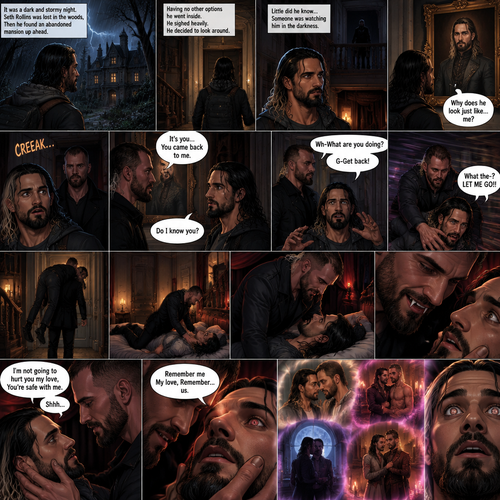 It was a dark and stormy night.Seth Rollins was lost in the woods,Then he found an abandoned mansion up ahead.Having no other options he went inside.He sighed heavily.He decided to look around,Little did he know…Someone was watching him in the darkness.He kept looking around,Then he noticed a painting of a man on the wall,He couldn’t help but notice…that the man in the painting…looked just like…him. “Why does he look just like…me?” Seth asked himself.Then…He heard the floor creak behind him,He turned around,A man (Jon Moxley) was standing right there.The man Looked at the painting and then he looked at Seth…..as if he….recognized him. “It’s you…You came back to me” The man said softly to Seth.Seth was confused. “Do I know you?” Seth asked.The man didn’t say anything else,He just simply walked slowly towards Seth.Seth got nervous and walked backwards slowly. “Wh-What are you doing?” Asked Seth. “G-Get back!” Said Seth.He then turned around and ran.The man then used some sort of super speed to catch up to Seth and grabbed him. “What the-?” Asked Seth. He struggled. “LET ME GO!!” Seth shouted.The man simply put Seth over his shoulder and walked to the staircase,Seth kept struggling…but it was no use.The man walked down the hallway,He opened a door,It was a bedroom,He walked to the bed and gently put Seth on it,then he got on top of him.The man Smiled,Seth noticed fangs on his teeth,That’s when he realized…the man…is a vampire,He got scared and started to struggle again.The man gently placed his hands on Seth’s face as if he was attempting to soothe him.He softly shushed him. “I’m not going to hurt you my love,You’re safe with me” The man said softly.He looked deeply into Seth’s eyes,He used Vampiric hypnosis to hypnotize Seth.Seth slowly relaxed under the hypnosis. “Remember me My love,Remember…us” The man whispered,Then memories flashed….Of Seth’s past life flashed in Seth’s mind.Seth had a bewildered look on his face