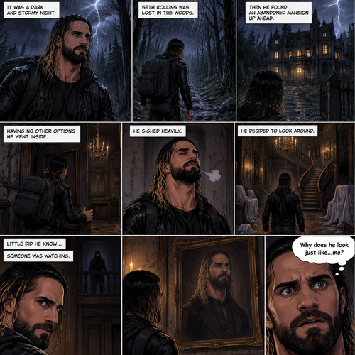 It was a dark and stormy night.Seth Rollins was lost in the woods,Then he found an abandoned mansion up ahead.Having no other options he went inside.He sighed heavily.He decided to look around,Little did he know…Someone was watching him in the darkness.He kept looking around,Then he noticed a painting of a man on the wall,He couldn’t help but notice…that the man in the painting…looked just like…him. “Why does he look just like…me?” Seth asked himself