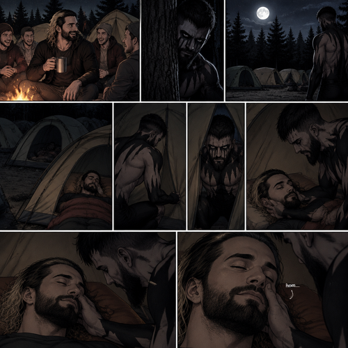 Seth Rollins was at a camp site with a group of friends,Little did he know….a mysterious creature (Finn Bálor) was watching him. At midnight,Seth and the group were asleep in their tents. The mysterious creature slowly walked towards Seth’s tent,He quietly unzipped the tent. He quietly entered the tent,Then he looked at Seth who’s still sleeping. He gently caressed Seth’s cheek. Seth hummed Softly in his sleep