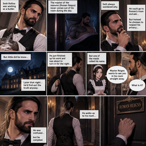 Seth Rollins was working as a butler,The master of the mansion (Roman Reigns) never comes out of his room during the day.Seth always wondered why,He could go to Roman’s room and ask…But instead he chooses to respect his privacy….but little did he know…Later that night…he’d find out the truth anyway.He just finished up his work and was about to turn in for the night…Buy one of the maids called his name. “What is it?” Asked Seth. “Master Reigns wants to see you in his room straight away” Said the maid.He was confused…but he complied.He walks up to his room