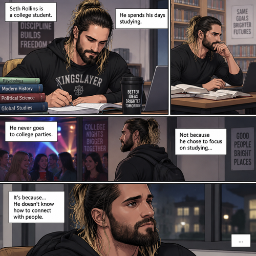 Seth Rollins is a college student. He spends his days studying,He never goes to college parties. Not because he chose to focus on studying….It’s because…He doesn’t know how to connect with people
