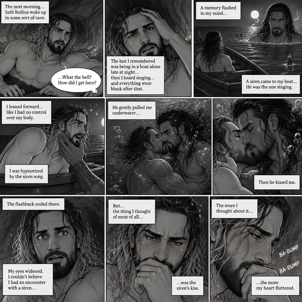 (Part 2 of the siren x human story). The next morning Seth Rollins woke up in some sort of cave,He was confused as to how he got there.The last he remembered was being in a boat alone late at night…then he heard singing…and everything went blank after that,Then….A memory flashed in his mind….A siren (Roman Reigns) came to his boat…he was the one singing. Seth leaned forward like he had no control over his body (He was hypnotized by the siren song btw). The siren gently pulled him underwater,Then he kissed him. The flashback ended there. Seth’s eyes widened,he couldn’t believe he had an encounter with a siren,But…the thing he thought of most of all….was the siren’s kiss. The more he thought about it….the more his heart fluttered