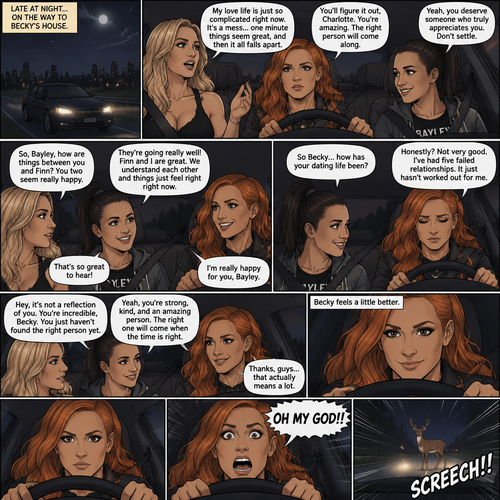 It was late at night,Becky Lynch Was in a car with Charlotte Flair and Bayley. They were driving to Becky’s house. Charlotte was talking about her complicated love life. Becky and Bayley were giving her words of comfort and support. Charlotte then asked Bayley how things were between her and Finn Bálor (They’re dating in this story). Bayley said things were going very well between the two of them. Becky and Charlotte were both happy to hear that. Bayley then looked at Becky and asked How HER dating life had been. Becky got a sad look on her face as she admitted that her dating life wasn’t doing very good,She had Five failed relationships. Charlotte and Bayley gave Becky words of comfort. Becky felt a little better. Then Becky looked at the road and suddenly yelled “OH MY GOD!!” And slammed on the breaks