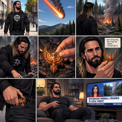 Seth Rollins was walking down the street,Then suddenly a fire ball came out of the sky and crash landed in the nearby forest.Out of curiosity he investigated,There he sees an amulet that’s shaped like a phoenix.He doesn’t know why…But he feels like maybe…he should take it.He picked it up and stared at it.He puts it in his pocket and went home.He sat on the couch and turned on the tv