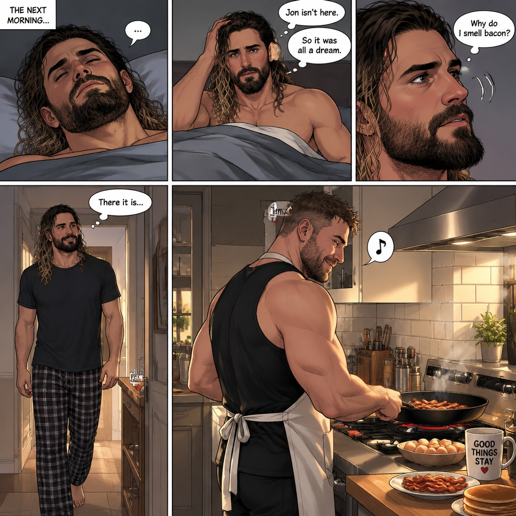 (Recap). Seth Rollins was asleep in his bed after finding out Jon Moxley A.K.A the joker had escaped the asylum on a news report,then he was woken up by a noise coming from downstairs,He grabbed a bat and walked downstairs,when He got downstairs…he noticed…one of the windows in the living room was open,He got spooked,He ran to his home phone to call the police,but before he picked up the phone….someone grabbed him from behind,“Help!” Seth yelled,The person covered Seth’s mouth,Then he whispered in Seth’s ear “shh,it’s just me baby,it’s just me”,Seth recognized the voice….It was Jon Moxley,He removed his hand from Seth’s mouth,He wrapped his arms around Seth,“I missed you so much baby” Jon said Softly,Seth dropped the bat,Then tears rolled down his face,He wrapped his arms around Jon tightly while tears were still pouring down his face as if he were afraid that Jon was gonna be taken away from him again,Jon Gently rubbed Seth’s back,“Oh baby,my poor baby,It’s ok,I’m right here,I’m not leaving you,not ever again” Jon said softly. (And now part 3). The next morning,Seth was asleep in his bed. He slowly woke up. He looked at his surroundings…Jon wasn’t there. “So It was all a dream” Said Seth. He sighed,then…he smelled something. “Why do I smell bacon?” Seth asked himself. He got up and followed the smell to the kitchen,Then…he sees Jon making breakfast while humming a tune. Seth smiled