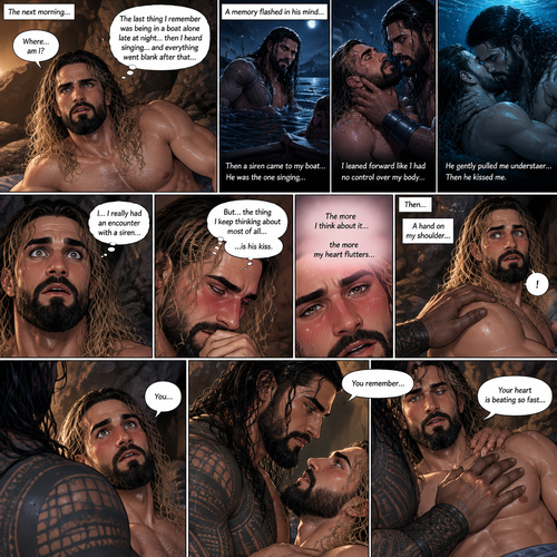 (Part 2 of the siren x human story). The next morning Seth Rollins woke up in some sort of cave,He was confused as to how he got there.The last he remembered was being in a boat alone late at night…then he heard singing…and everything went blank after that,Then….A memory flashed in his mind….A siren (Roman Reigns) came to his boat…he was the one singing. Seth leaned forward like he had no control over his body (He was hypnotized by the siren song btw). The siren gently pulled him underwater,Then he kissed him. The flashback ended there. Seth’s eyes widened,he couldn’t believe he had an encounter with a siren,But…the thing he thought of most of all….was the siren’s kiss. The more he thought about it….the more his heart fluttered,Then…he felt a hand on his shoulder…He looked behind him….it was the siren. The siren saw the blush on Seth’s face,he gently put his hand on Seth’s chest to feel how loud it’s beating