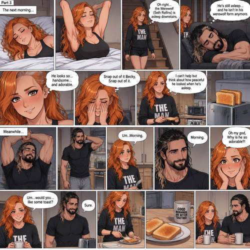 (Part 3 of the werewolf x human story) The next morning,Becky Lynch was asleep in her bed. Then she woke up. She got up and stretched her arms. She walked downstairs…then she remembered that the Werewolf (Seth Rollins) was asleep downstairs. She checked in on him. He was still asleep…and he wasn’t in his werewolf form anymore. She couldn’t help but look at him…and blush. “He looks so…handsome…and adorable” Becky said to herself. Then she shook her head. “Snap out of it Becky,Snap out of it” Becky said to herself. She quietly walked to the kitchen and made herself some toast. She couldn’t help but think about how peaceful he looked when he’s asleep. Meanwhile,The man woke up. He slowly gets up and stretched his arms,Then he walks to the kitchen. Becky notices him. “Um..Morning” Said Becky. The man Smiled softly. “Morning” The man said softly. “Oh my god,Why is he so adorable?!” Becky thought to herself. “Um…would you…like some toast?” Becky asked. “Sure” said the man. Becky makes some toast