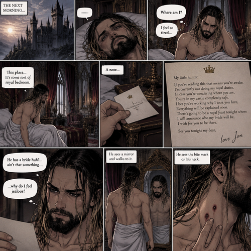 (Recap) Seth Rollins (The vampire hunter) was lured into the ruins by a whisper,Then Jon Moxley (The vampire king) grabbed him from behind,He sniffed Seth’s neck and then pierced it with his fangs,After 4 minutes the fangs were out of Seth’s neck,Seth was weak,Then Jon lifted Seth in his arms and began walking. (And now part 2). The next morning,Seth was still unconscious. Eventually…Seth’s eyes slowly opened,He was feeling tired,He was confused,then he looked at his surroundings,it was some sort of royal bedroom. “Where am I?” Seth asked himself. He slowly stood up off the bed,Then he sees a note on the nightstand,He picks it up and reads it. It says “My little hunter,If you’re reading this that means you’re awake. I’m currently out doing my royal duties. In case you’re wondering where you are,You’re in my castle completely safe. I bet you’re working why I took you here,Everything will be explained soon. There’s going to be a royal feast tonight where I will announce who my bride will be,I wish for you to be there. See you tonight my dear, love Jon”. “He has a bride huh?… ain’t that something….why do I feel jealous?” Seth said to himself. He sees a mirror and walks to it,He sees the bite mark on his neck