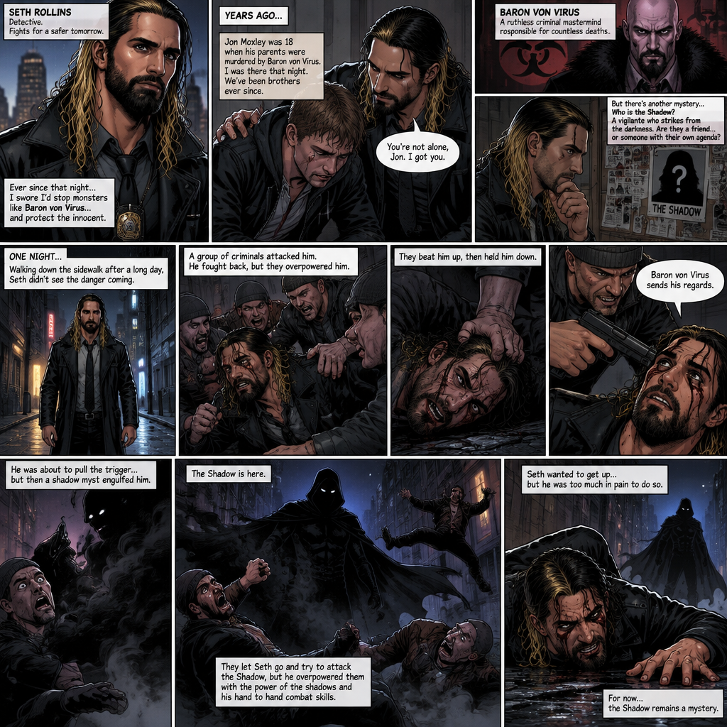 Seth Rollins is a detective. He and Jon Moxley had been friends for years. When Jon was 18 years old His parents were murdered by a villain known as Baron Von Virus. Seth (who was also 18 at the time) comforted him that night. Ever since then Seth dedicated himself to stopping criminals like Baron Von virus and protecting the innocent. He was also trying to figure out the identity of a mysterious Vigilante known as the shadow. One night he walking down the sidewalk,Then a group of bad people attacked him. He tried to fight back but they overpowered him. They beat him up,Then they hold him down. One of them points a gun at his head and says “Baron von virus sends his regards”. He was about to pull the trigger…but then a shadow myst engulfed him. The shadow is here. They let Seth go and try to attack the shadow but he overpowered them with the power of the shadows and his hand to hand combat skills. Seth wanted to get up but he was too much in pain to do so