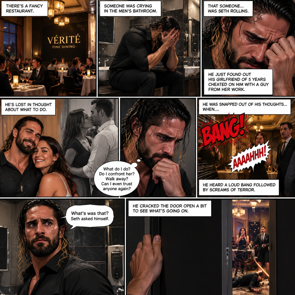 There’s a fancy restaurant,Someone was crying in the men’s bathroom,That someone…was Seth Rollins. He just found out his girlfriend of 5 years cheated on him with a guy from her work. He’s lost in thought about what to do,He was snapped out of his thoughts…when….he heard a loud bang followed by screams of terror outside the bathroom. “What’s was that?” Seth asked himself. He cracked the door open a bit to see what’s going on