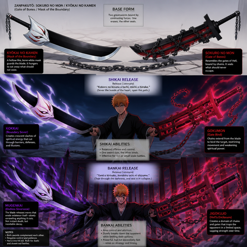 A zanpocto with Shikai and bankai releases.base form of zonpocto is 2 great swords one the left looks like vasto lord mask the right looks like a hells legendary gate wrapped in chains . Give me different pictures for each release and explain the ability's. Not super overpowered 