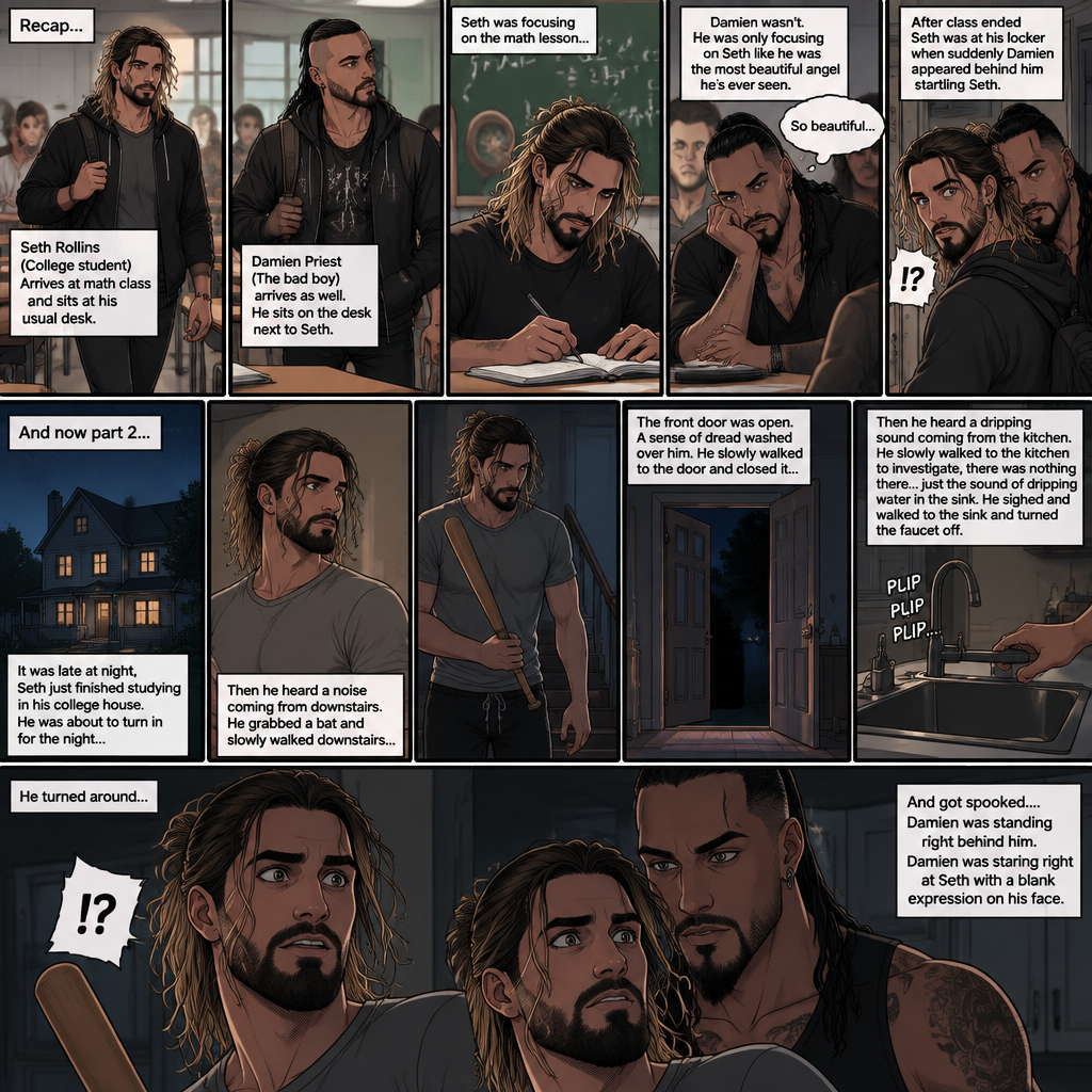 (Recap) Seth Rollins (College student) Arrives at math class and sits at his usual desk,Damien Priest (The bad boy) arrives as well,He sits on the desk next to Seth,Seth was focusing on the math lesson…Damien wasn’t,He was only focusing on Seth like he was the most beautiful angel he’s ever seen,”So beautiful” Damien thought in his mind,After class ended Seth was at his locker when suddenly Damien appeared behind him startling Seth. (And now part 2). It was late at night,Seth just finished studying in his college house. He was about to turn in for the night….Then he heard a noise coming from downstairs. He grabbed a bat and slowly walked downstairs…the front door was open. A sense of dread washed over him. The slowly walked to the door and closed it,Then he heard a dripping sound coming from the kitchen. He slowly walked to the kitchen to investigate,there was nothing there…just the sound of dripping water in the sink,He sighed and walked to the sink and turned the faucet off. He turned around….And got spooked….Damien was standing right behind him. Damien was staring right at Seth with a blank expression on his face