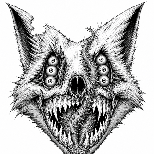 Front view of a fox face showing teeth Teeth, kind of look like flames Tongue is really spiky and fucked up, and it goes all the way up towards the eye the eye sockets each have three eyeballs in each eye socket the left ear has a chunk taken off ears are very pointy and look like fur the nose of the fox is gone. It just has a hole there where it should be drawing 