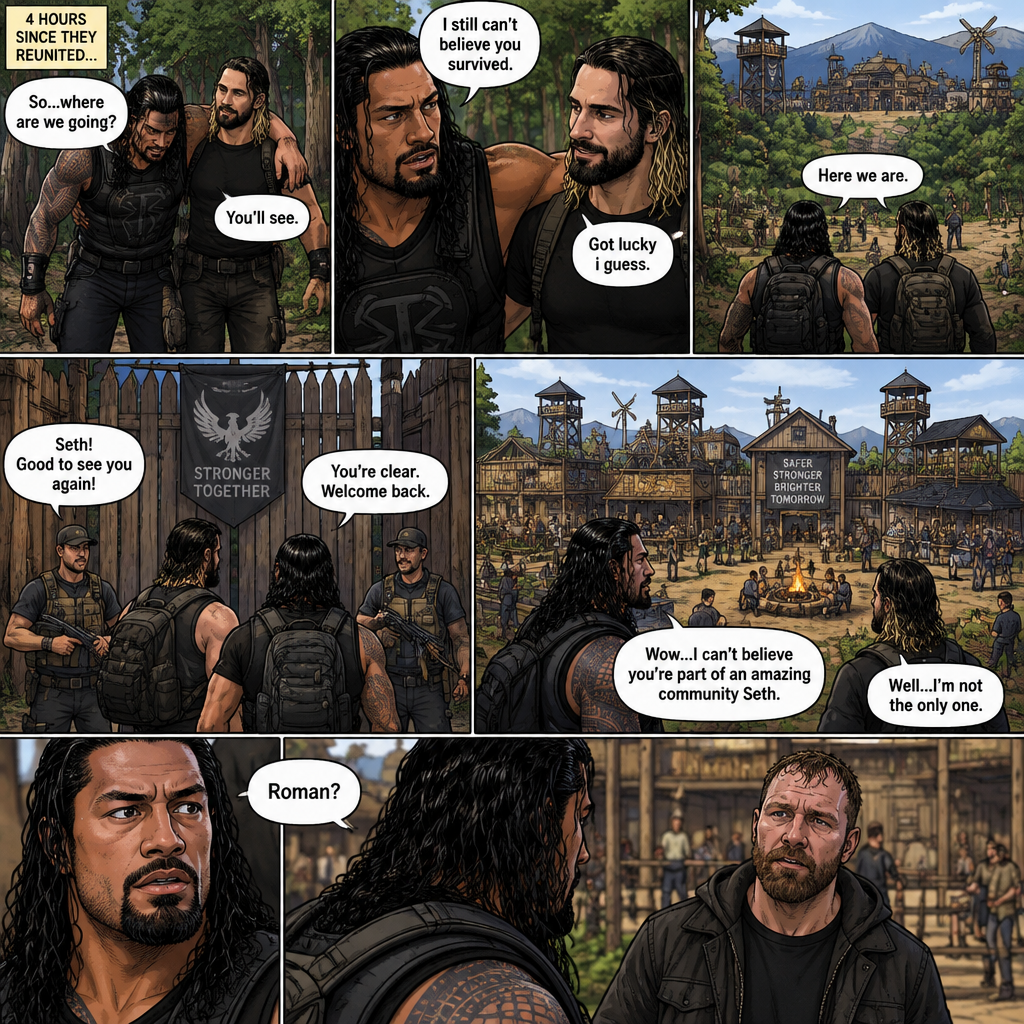 (Part 2 of the Zombie Apocalypse story). Still in the woods,Still far away from the zombies. Roman Reigns was still limping from the sprained ankle and Seth Rollins was helping him walk. It had been 4 hours since they reunited. “So…where are we going?” Roman asked. “You’ll see” said Seth. “I still can’t believe you survived” Said Roman. “Got lucky i guess” said Seth. They kept walking till they spotted a community like town up a head. “Here we are” Said Seth. They walked towards it. One of the guards recognized Seth. The guards let Seth and Roman in. Roman looked at the surroundings,he was amazed. “Wow…I can’t believe you’re part of an amazing community Seth” Said Roman. “Well…I’m not the only one” said Seth. Before Roman could ask what Seth ment….He heard a familiar voice behind him “Roman?”. He turned around…it was Jon Moxley (formerly known as Dean Ambrose)