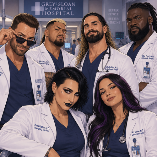 LA Knight,Solo Sikoa,Seth Rollins,Oba Femi,Rhea Ripley and Ari Stone (My Female wrestler oc) in Greys anatomy 
