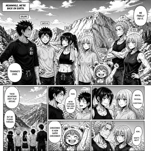 Meanwhile, we’re back on earth. Senjiro and  sato ki   Maki  Luna  chikoinko. Jin and sole get done with their training. In the mountains.