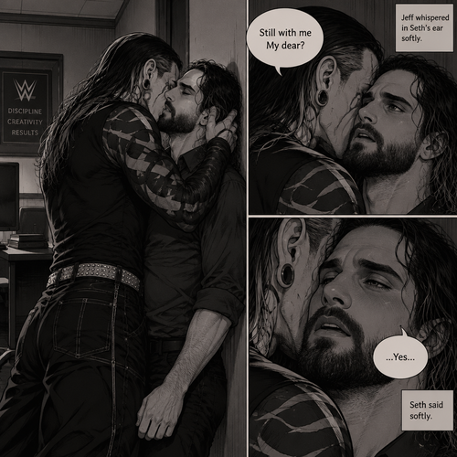 (Part 4 of the Vampire x human story). Still in Jeff Hardy’s office. Jeff was still Kissing Seth Rollins against the wall. After about a minute,Jeff pulled away but kept Seth pinned to the wall. Jeff whispered in Seth’s ear “Still with me My dear?” Jeff asked softly. “…Yes…” Seth said softly