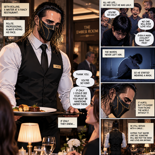 Seth Rollins is a waiter at a fancy restaurant,He’s wearing a mask that covers his face. The reason for that is heartbreaking. All his life he was told he was ugly and no one will love him