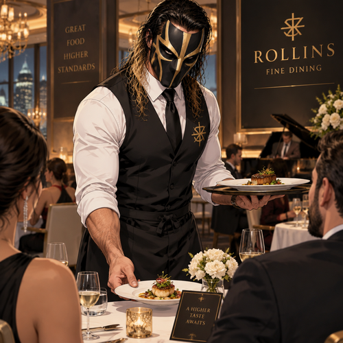 Seth Rollins is a waiter at a fancy restaurant,He’s wearing a mask that covers his face