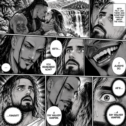 Part 5. Still at the cliff near the forest clearing with the waterfall view. The mysterious man (WWE superstar Damien priest) was kissing Seth Rollins. Seth felt like there was something familiar about the kiss. The man then smiled at him. Seth….then noticed….fangs in the man’s teeth…and realized…he’s a day walker vampire
