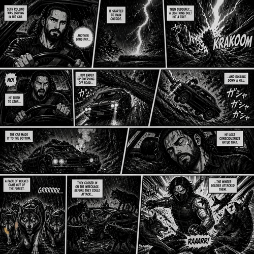 Seth Rollins was driving in his car,It started to rain outside.Then suddenly a lightning bolt hit a tree and it fell in the middle of the road.He Tried to stop…But ended up swerving off road and rolling down a hill.The car made it to the bottom,He lost consciousness after that.A pack of wolves came out of the forest,They closed in on the wreckage,Before they could attack…the winter soldier attacked them