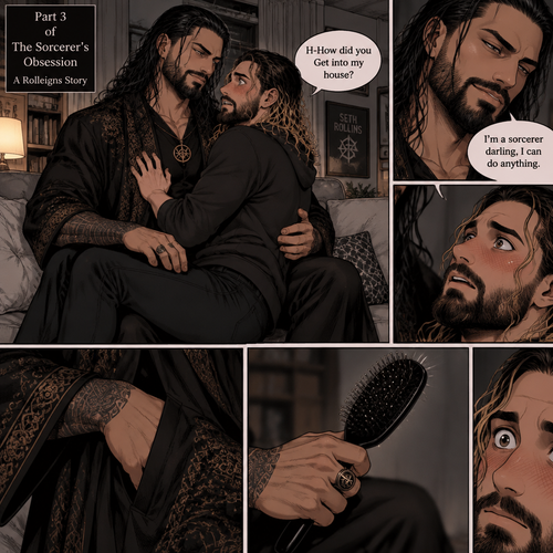 (Part 3 of the Sorcerer’s obsession,A Rolleigns story). Roman Reigns (The sorcerer) Was sitting on Seth Rollins’s couch in Seth Rollins’s house with Seth Rollins on his lap. Seth was blushing. “H-How did you Get into my house?” Seth asked nervously. “I’m a sorcerer darling,I can do anything” Said Roman. Roman reached into his pocket and grabbed Seth’s hairbrush