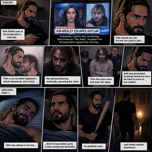 (Recap) Seth Rollins was at his house after a long day,A news report came on tv,The reporter said that Jon Moxley A.KA the Joker had escaped from the asylum that morning,Seth tensed up a bit,he and Jon used to date….then car accident happened witch messed up Jon’s mind,he started behaving erratically becoming the joker,he still loved Seth despite all that,then the cops came and took Jon away,Seth was devastated,he blamed himself ever since,he tried to move on but couldn’t. (And now part 2). Seth was asleep in his bed….then he was woken up by a noise coming from downstairs. He grabbed a bat and slowly walked downstairs