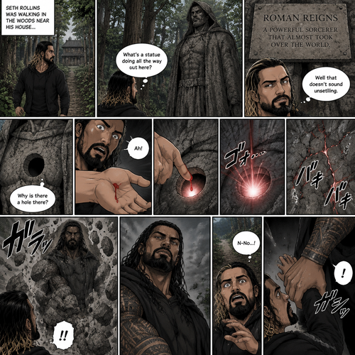 Seth Rollins was walking in the woods near his house,Then…he discovered an old statue Of a man in a cloak (Roman Reigns). “What’s a statue doing all the way out here?” Seth asked himself. He looks at the nameplate “Roman Reigns,A powerful sorcerer that almost took over the world”. “Well that doesn’t sound unsettling” Seth said to himself sarcastically. Then he noticed a hole on the statue. “Why is there a hole there?” Seth asked himself. Then….Seth somehow accidentally cut his hand. A little bit of his blood dripped into the hole,Then…..the hole started glowing,Then the statue….started to crack. Then…the statue broke apart….revealing…the sorcerer himself. Seth was shocked. The sorcerer looked down at Seth. Seth was about to scramble away…but the sorcerer grabbed His wrist before he could get away