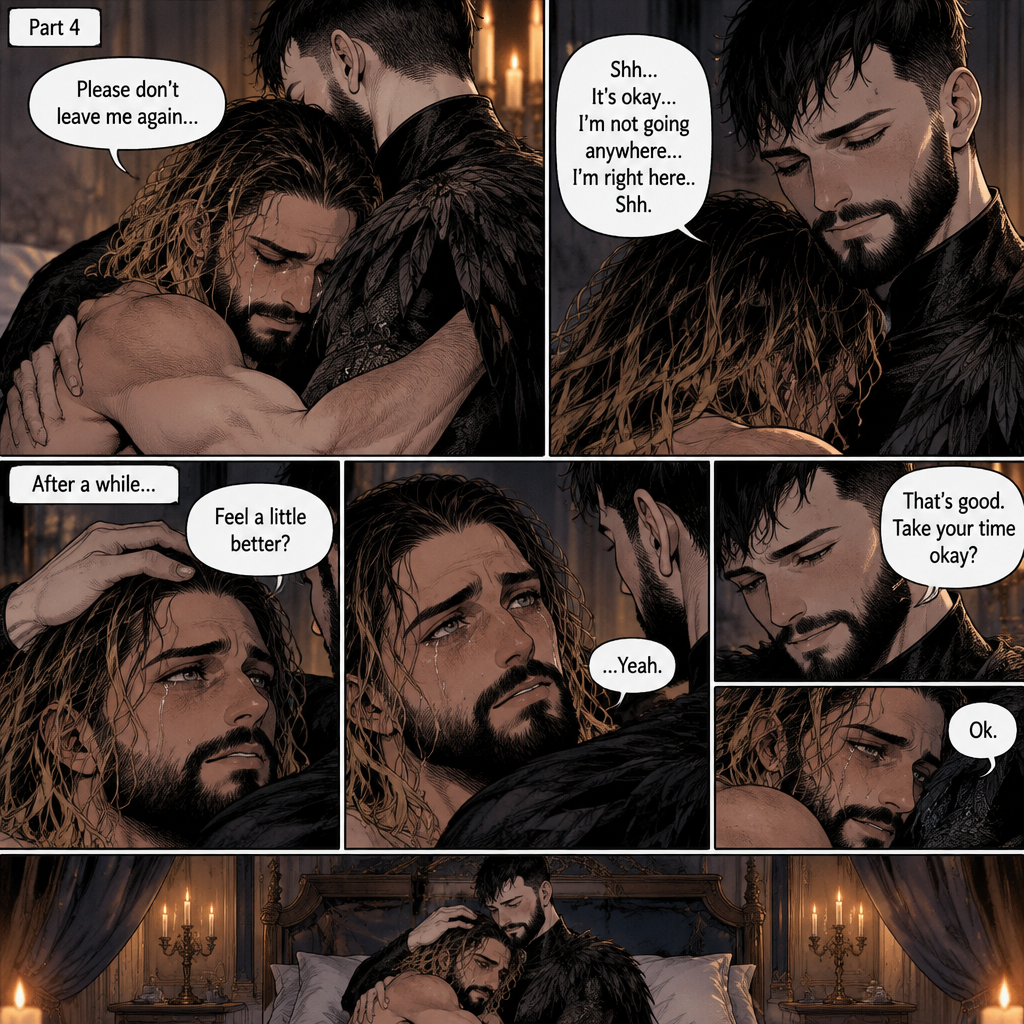 (Recap). Seth Rollins was taken from his tent by the mysterious creature (Finn Bálor) while he was asleep,Seth woke up in a royal bedroom,The mysterious creature walked in,Seth was scared,The mysterious creature gently placed his hand on Seth’s cheek,Seth’s body strangely relaxed under The creature’s touch,Seth had no idea why,Seth thought there was something familiar about the creature almost as if he’s met him before,Then the creature spoke “Remember me?”,After he heard the creature’s voice memories flashed in Seth’s mind,They were of himself and Finn Bálor,From enemies to friends And the time they got drunk at a bar and got a little TOO close,All those memories hit Seth all at once,He was getting a little overwhelmed,Then He finally spoke “Finn?”,Finn smiled and nodded,Tears welled up in Seth’s eyes,Finn gently pulled Seth into a hug as Seth started crying,He gently rubbed Seth’s back,”I thought you died because of me” Seth said while sobbing,Finn remembers the car accident they were in,”Shh…it’s okay…I’m here” Finn said softly. (And now part 4). Seth was still crying. Finn gently rubbed his back. Seth was holding onto Finn tightly…as if he was scared that Finn would disappear from him again. “Please don’t leave me again” Seth said through his tears. “Shh…It’s okay…I’m not going anywhere…I’m right here..Shh” Finn said softly. After a while,Seth slowly stopped crying. Finn gently stroked Seth’s hair. “Feel a little better?” Finn asked softly. Seth nodded slowly. “That’s good,Take your time okay?” Finn said softly. “Ok” Seth said softly