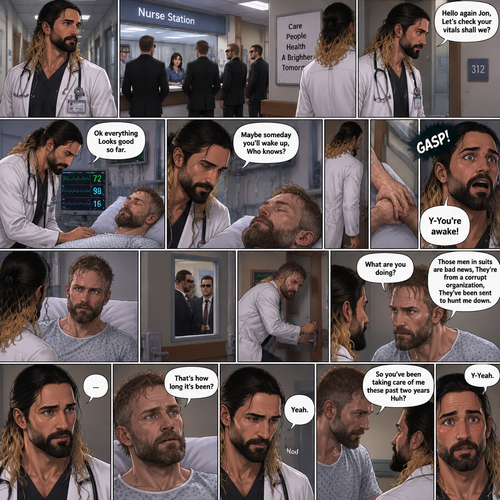 Seth Rollins is a Doctor. He had been looking after a patient (Jon Moxley) who had been in a coma for two years. One day he was walking to Jon’s room,Then he saw men in suits at the front desk. He thought nothing of it and kept walking. He entered Jon’s room. “Hello again Jon,Let’s check your vitals shall we?” Said Seth. He checks Jon’s vitals. “Ok everything Looks good so far” said Seth. He looked at Jon’s face. “Maybe someday you’ll wake up,Who knows?” Said Seth. He got up to leave the room….But a hand grabbed a hold of his wrist. Seth gasped. It was Jon,He’s wide awake and Looking at Seth. “Y-You’re awake” Said Seth. Then Jon carefully got up,Looked out the door and noticed the men in suits. His eyes widened and he shut the door and locked it. “What are you doing?” Seth asked. Jon spoke for the first time since the coma “Those men in suits are bad news,They’re from a corrupt organization,They’ve been sent to hunt me down”. Seth Fell silent,Processing what Jon just said. Jon moved quickly to barricade the door. “You uh…move pretty fast for someone who has been in a coma for two years” said Seth. Jon fell silent while processing that information. “That’s how long it’s been?” Jon asked. Seth nodded slowly. Jon walked slowly toward Seth. “So you’ve been taking care of me these past two years Huh?” Said Jon. Seth got nervous. “Y-Yeah” Seth said Nervously