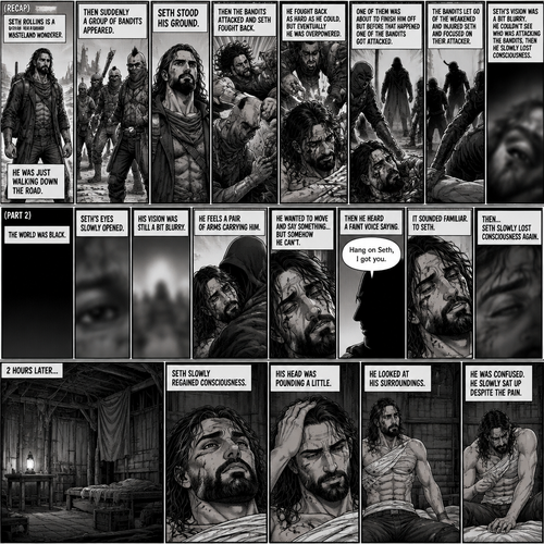 (Recap).Seth Rollins is a wasteland wonderer,He was just walking down the road,Then suddenly A group of bandits appeared,Seth stood his ground,Then the bandits attacked and Seth fought back,He fought back as hard as he could,but eventually he was overpowered,The bandits beat him up really badly,One of them was about to finish him off but before that happened One of the bandits got attacked,The bandits let go of the weakened and Injured Seth and focused on their attacker,Seth’s vision was a bit blurry,he couldn’t see who was attacking the bandits,then he slowly lost consciousness. (And now part 2). The world was black. Seth’s eyes slowly opened,His vision was still a bit blurry. He feels a pair of arms carrying him. He wanted to move and say something…but somehow he can’t. Then he heard a faint voice saying “Hang on Seth,I got you”. It sounded familiar to Seth. Then…Seth slowly lost consciousness again. 2 hours later,Seth slowly regained consciousness. His head was pounding a little. He looked at his surroundings. He was confused. He slowly sat up despite the pain