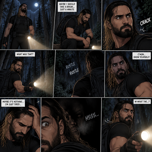 Seth Rollins was lost in the middle of the woods at night,The only this has right now is a backpack and a flashlight.He was about to take a break…then he heard something stepping on a twig.He looked around for the source pointing his flashlight,Then he heard something moving in the woods,He was looking frantically.He was about to give up….then he felt something breathing on him,his heart was beating loudly,He turned around slowly while pointing his flashlight