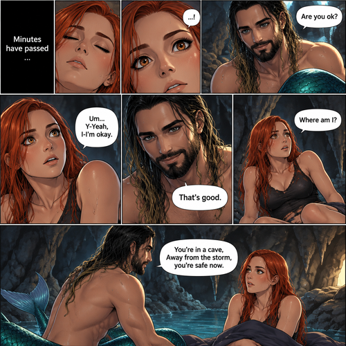 (Recap) Becky lynch was fishing,then a combination of thunder,Heavy waves and heavy rain happened,She tried to row back to shore but a giant wave crashed down on her boat,she started to sink in the ocean,then a shadowy silhouette of a mysterious creature (Seth Rollins as a merman) swam towards her,Then everything went black. (And now onto part 2). Minutes have passed,Becky slowly regained consciousness,The merman that saved her was looking down at her with relief in his eyes. “Are you ok?” Asked the merman. Becky was shocked to see an actual Handsome merman looking down at her. “Um…Y-Yeah,I-I’m okay” said Becky. The merman smiled. “That’s good” said the merman. Becky slowly sits up. “Where am I?” Asked Becky. “You’re in a cave,Away from the storm,you’re safe now” the merman said
