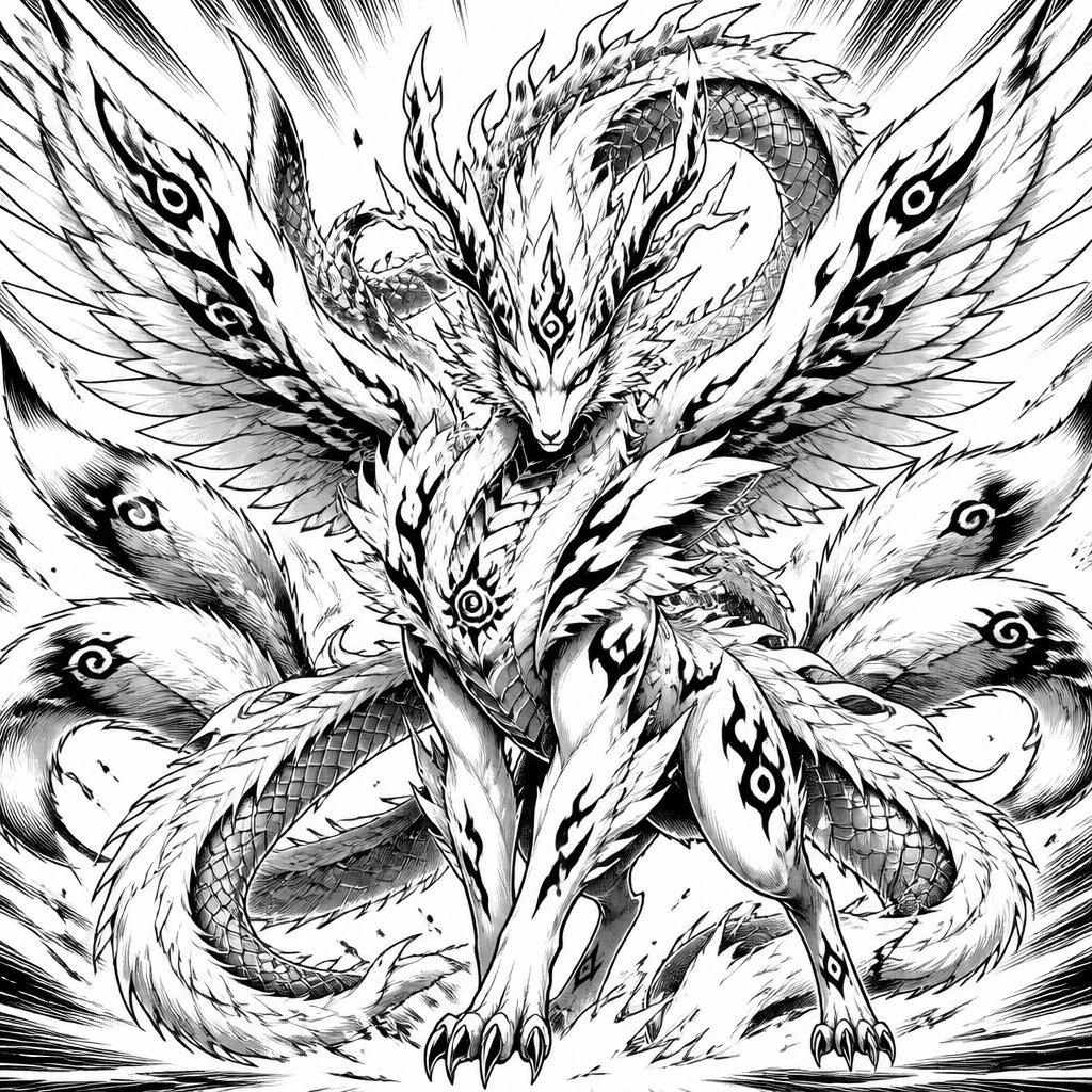 Fuse Phoenix, loung dragon and nine tailed fox into a new life energy after that the new life energy forms a body that embodies the best characteristics and appearances from Phoenix, loung dragon and nine tailed fox. Only show the final product of the fusion. Medium level to trace