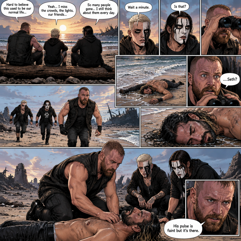 Part 2 of the apocalypse story.Jon Moxley,Darby Allin and Steven Borden (Sting’s son) were on a beach reminiscing about the time before the apocalypse and the people they missed.Then they noticed an unconscious person washed up on shore.Then They made a realization. “Wait a minute” said Darby. “Is that?” Asked Steven. Jon slowly lowered his binoculars,Eyes widened in shock.He couldn’t believe it. “….Seth?” Said Jon. That’s right! It was Seth Rollins!. Jon runs over to him,With Darby and Steven following behind.Jon got on his knees beside Seth.He checked his pulse,He sighed in relief. “His pulse is faint but it’s there” Said Jon