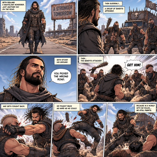 Seth Rollins is a wasteland wonderer,He was just walking down the road. Then suddenly….A group of bandits appeared. Seth stood his ground. Then….the bandits attacked and Seth fought back. He fought back as hard as he could