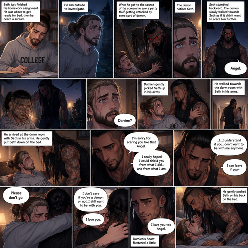 (Recap). Seth Rollins (College student) and Damien Priest (The bad boy) had been dating for 3 months now,Damien had been acting strangely possessive and protective of Seth,Anyone who ever picked on Seth had mysteriously disappeared,Nobody knew why,One night Seth just finished his homework assignment,He was about to get ready for bed,then he heard a scream,He ran outside to investigate,When he got to the source of the scream he saw A petty thief Getting attacked by some sort of demon,Seth got scared,The demon noticed Seth,Seth stumbled backward,The demon slowly walked towards Seth as if it didn’t want to scare him any further,Seth’s heart was pounding with fear,Then the demon spoke “Angel”,Seth’s eyes widened,There was only one person who calls him Angel,“Damien?” Seth asked,Damien Gently picked Seth up in his arms,He walked towards the dorm room with Seth In his arms. (And now Part 5). He arrived at the dorm room with Seth in his arms. He gently put Seth down on the bed. “I’m sorry for scaring you like that Angel” Damien said softly. “I really hoped I could shield you from what I did…and from what I am” Damien continued softly. Seth could tell that Damien was guilty. “..I…I understand if you…don’t want to be with me anymore” Damien said with a sad tone. “I can leave if you-“ Seth cuts Damien off with a hug. “Please don’t go” Seth said softly. Damien hugged him back. “I don’t care if you’re a demon or not,I still want to be with you” Seth said Softly. Damien’s heart fluttered a little. “I love you” Seth said Softly. Damien smiled softly. “I love you too Angel” Damien said softly. He gently pushed Seth on his back on the bed