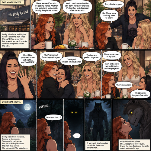 (Part 2 of the Werewolf X human story). It’s been two months since the night Becky Lynch and Her friends Charlotte Flair and Bayley saved the Man (Seth Rollins). They haven’t seen him since. Becky and charlotte were having brunch at a cafe,They were talking about the recent werewolf attacks. Then Bayley showed up late….with a happy grin on her face. She apologized for being late and sat at the table. Then she said she’s has some exciting news to share with the two of them….Finn Bálor proposed to her last night…and she said yes. Becky and Charlotte were happy and excited for Bayley. Then Charlotte said she’s has some news of her own. She and her husband (Kurt Wagner a.k.a nightcrawler) have worked it out…and She’s pregnant. Becky and Bayley were happy and excited for Charlotte. Later that night,Becky was in her backyard looking at the moon…then…She heard a noise from the forest near her house. She looked closely. A pair of Yellow eyes were looking at her. A werewolf slowly walked out of the forest and walked towards her. Her heart was pounding. The werewolf stood in front of her. She….recognized those eyes….it was the man Becky and the girls saved two months ago 