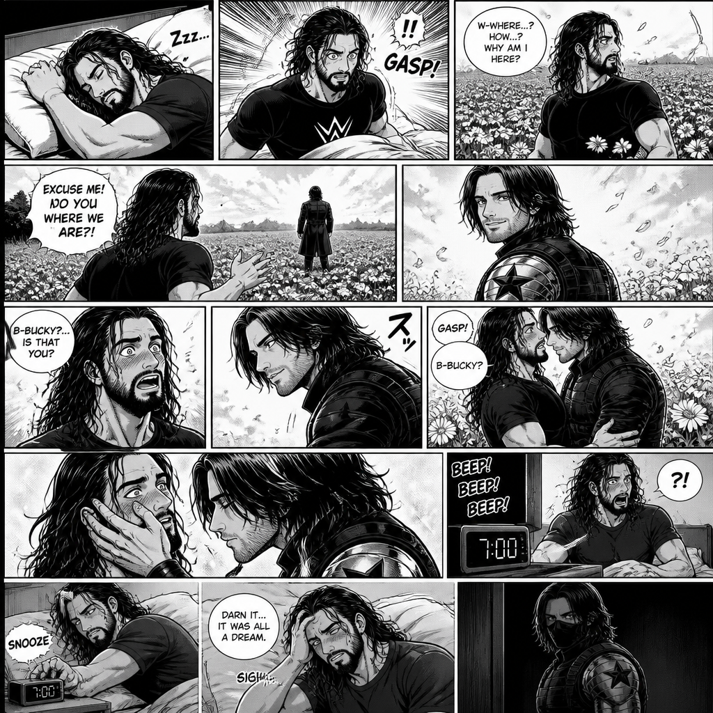 Seth Rollins was asleep on his bed,Then he woke up….On a field of flowers,He was confused as to how and why he was there.Then he noticed a mysterious man ahead of him with his back turned.He stands up. “Excuse me! Do You know where we are?!” Seth called out.The mysterious man turned around and faced Seth….It was Bucky.Seth was surprised. “B-Bucky?…Is that you?” Seth asked.Bucky said nothing…He just smiled and walked towards Seth.He stopped once he was in front of Seth.He wrapped his arm around his waist and pulled him closer.Seth Gasped. “B-Bucky?” Seth asked.Bucky gently placed his hand on Seth’s cheek.Seth blushed.Bucky leaned forward to Seth…And kissed him softly.Then….Seth’s alarm clock went off,Seth woke up.He pressed the snooze button. “Darn it….It was all a dream” Said Seth.He sighed in disappointment….Little did he know….The winter soldier was watching in the shadows