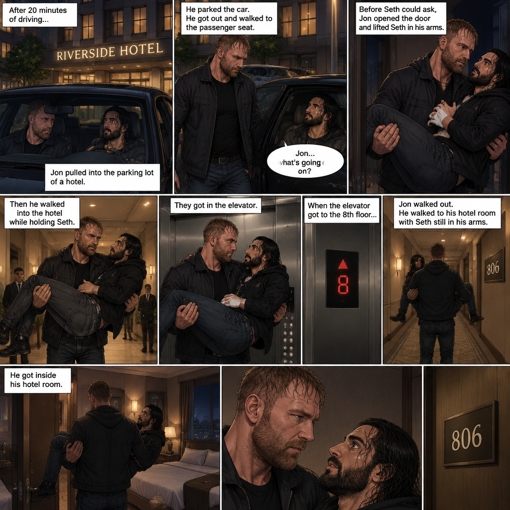 (Recap) Jon Moxley and Seth Rollins were fighting each other in a main event match against each other,Then Jon did something unexpected,He cupped his hands on Seth’s face,pulled him in and kissed him,the fans and some of the other wrestlers were shocked,Jon pulled away,Seth stood there stunned,Jon walked out of the ring and walked up the ramp,Seth eventually snapped out of it,he left the ring and ran to Jon,he wanted to know why Jon kissed him,Jon stopped walking and looked at Seth,He wrapped his arm around Seth’s waist and pulled him close,He whispered In Seth’s ear “I guess I haven’t made myself clear”,He put Seth over his shoulder and walked to the parking lot,He put Seth in the car and got in the driver seat and drove off. (And now part 2). After 20 minutes of driving Jon pulled into the parking lot of a hotel,He parked the car. He got out of the car and walked to the passenger seat. Before Seth could ask what’s going on Jon opened the door and lifted Seth in his arms,Then he walked into the hotel while holding Seth.He got in the elevator. When the elevator got to the 8th floor Jon walked out. He walked to his hotel room with Seth still in his arms,he got inside his hotel room